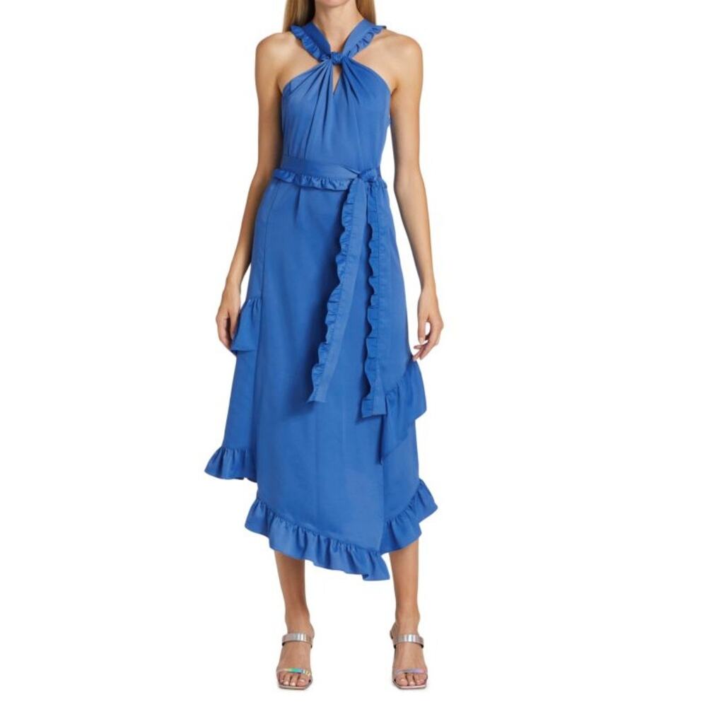 NWOT Derek Lam Crosby Womens Dasha Blue Ruffled Keyhole Halter Dress Size 10